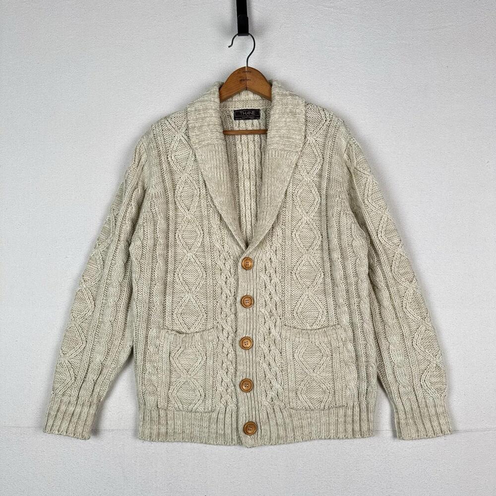 Vintage Thane Men’s Fisherman Cable Knit Cardigan Sweater Acrylic Cream Medium‎